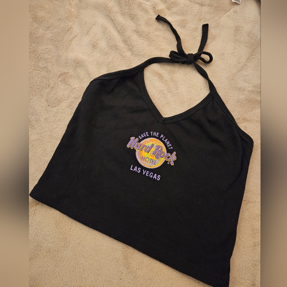 VINTAGE Y2K Hard Rock Las Vegas Black Glitter Halter Top